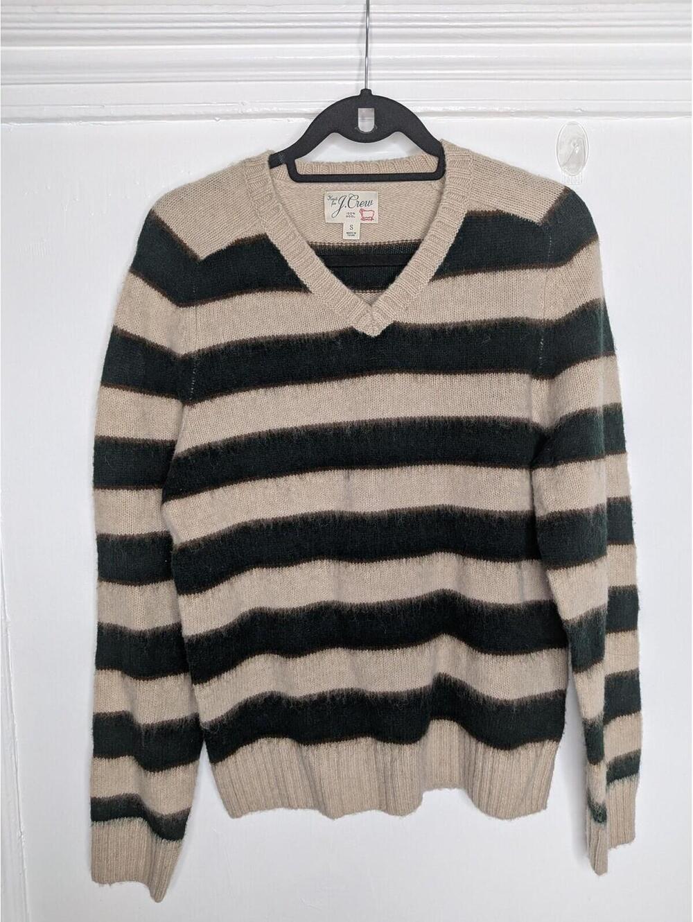 J.Crew Sweater Pullover Womens Small Beige Wool Striped V Neck Fuzzy Knit